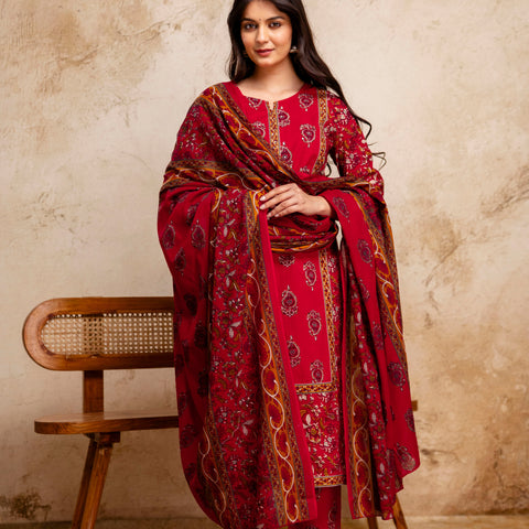 Women Cherry Red Floral Cotton Kurta Pant Set with Printed Dupatta