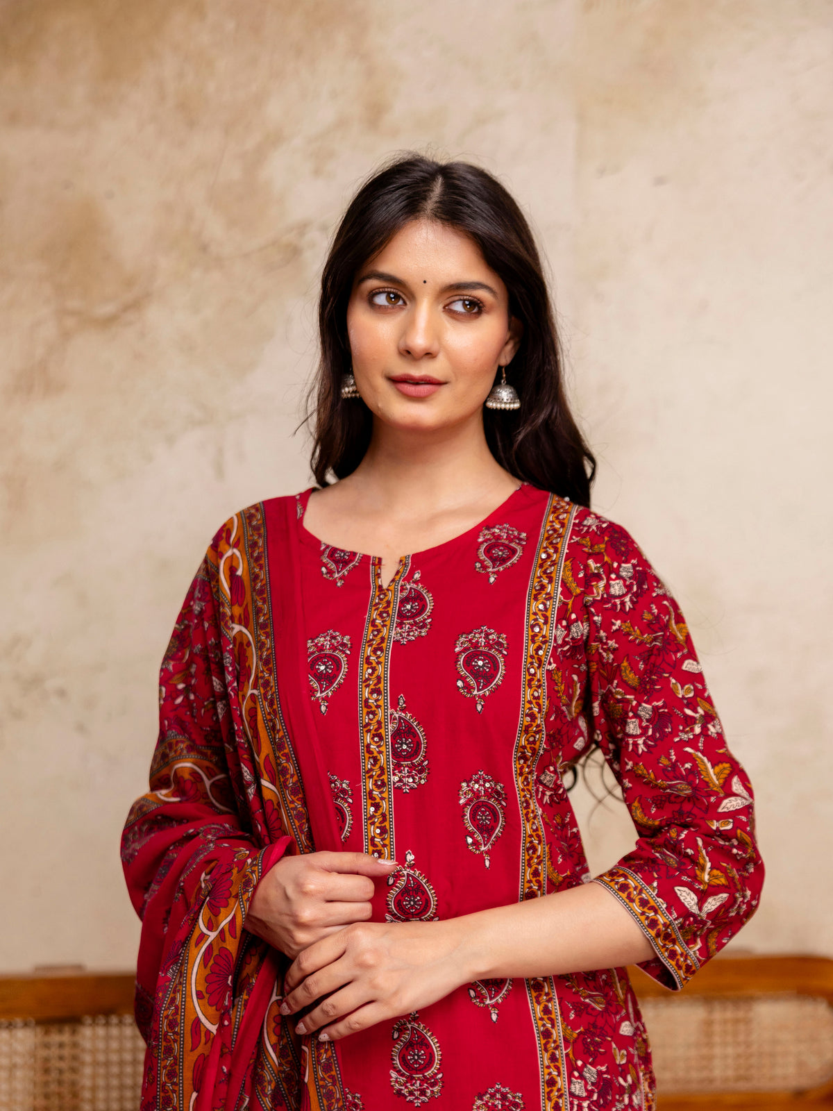 Women Cherry Red Floral Cotton Kurta Pant Set with Printed Dupatta