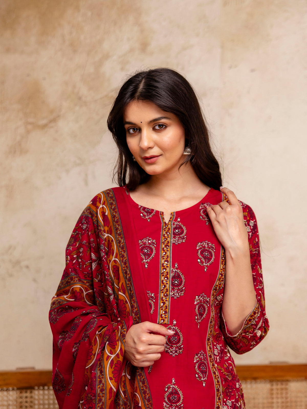 Women Cherry Red Floral Cotton Kurta Pant Set with Printed Dupatta