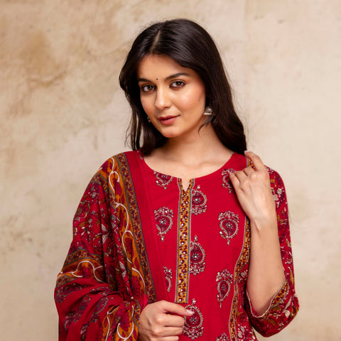 Women Cherry Red Floral Cotton Kurta Pant Set with Printed Dupatta