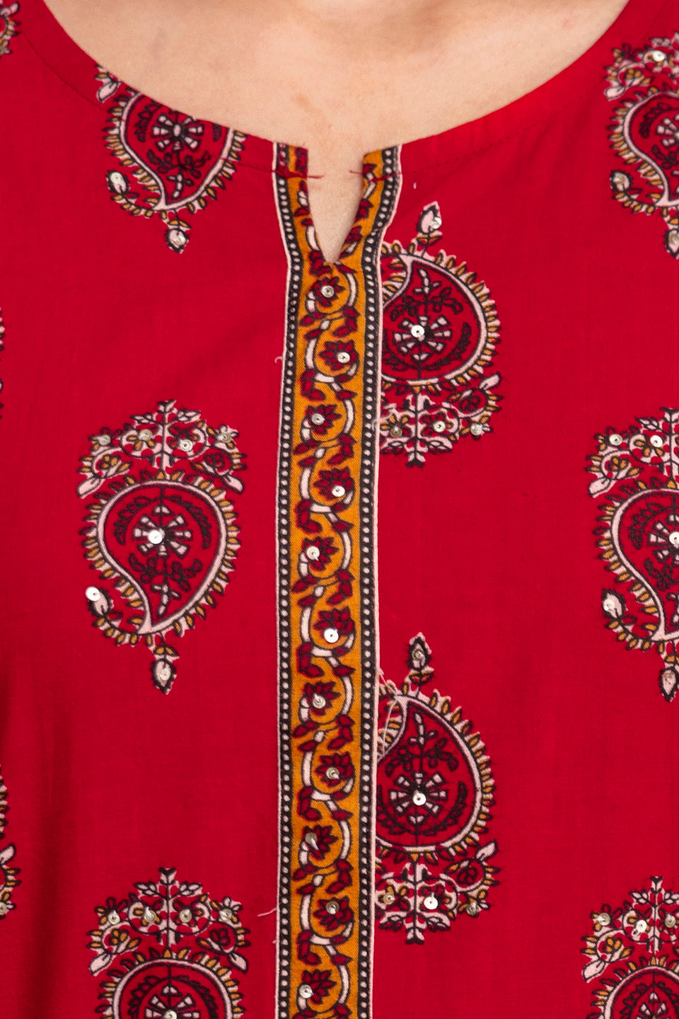 Women Cherry Red Floral Cotton Kurta Pant Set with Printed Dupatta