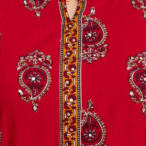 Women Cherry Red Floral Cotton Kurta Pant Set with Printed Dupatta