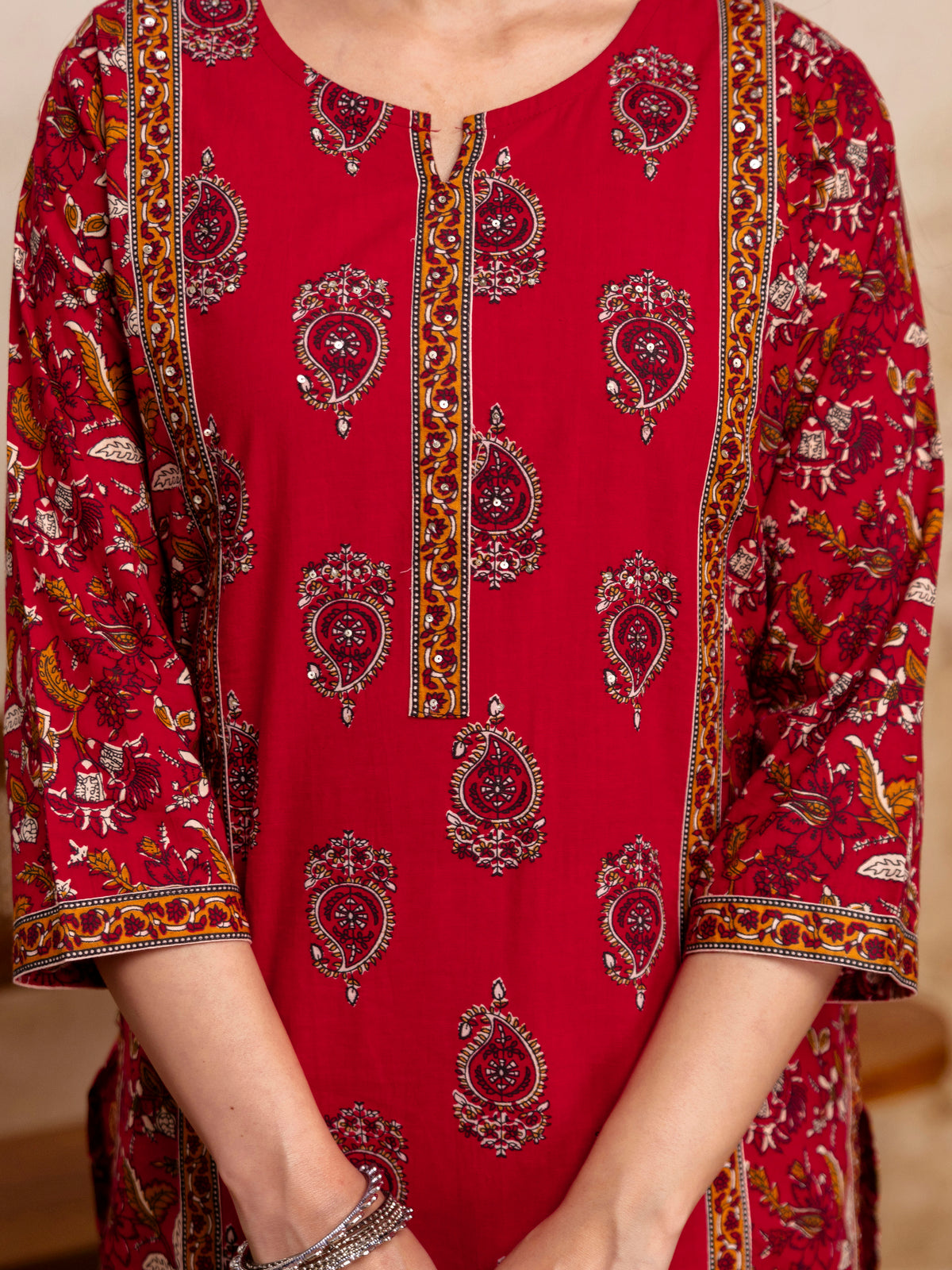 Women Cherry Red Floral Cotton Kurta Pant Set with Printed Dupatta