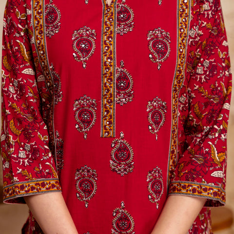 Women Cherry Red Floral Cotton Kurta Pant Set with Printed Dupatta