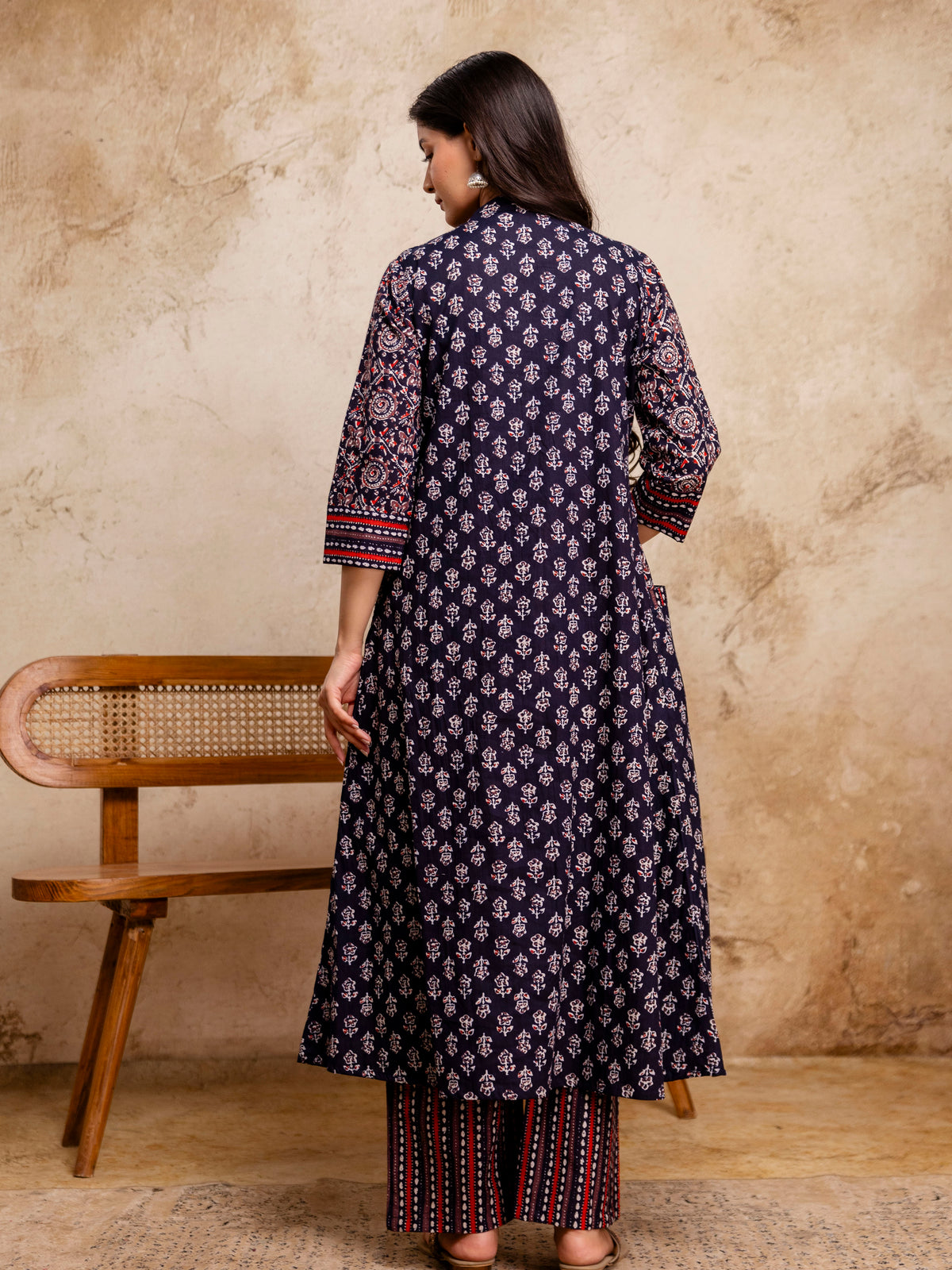 Women Blue Floral Printed Cotton Anarkali Suit with Mulmul Dupatta