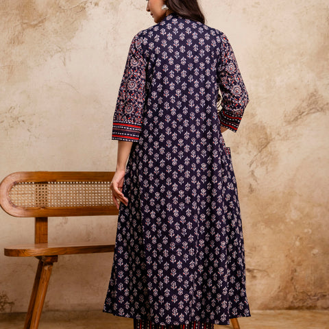 Women Blue Floral Printed Cotton Anarkali Suit with Mulmul Dupatta