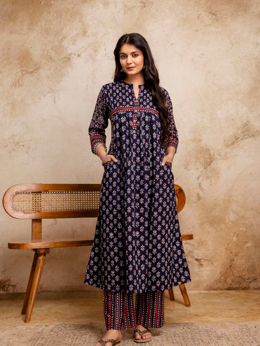 Women Blue Floral Printed Cotton Anarkali Suit with Mulmul Dupatta