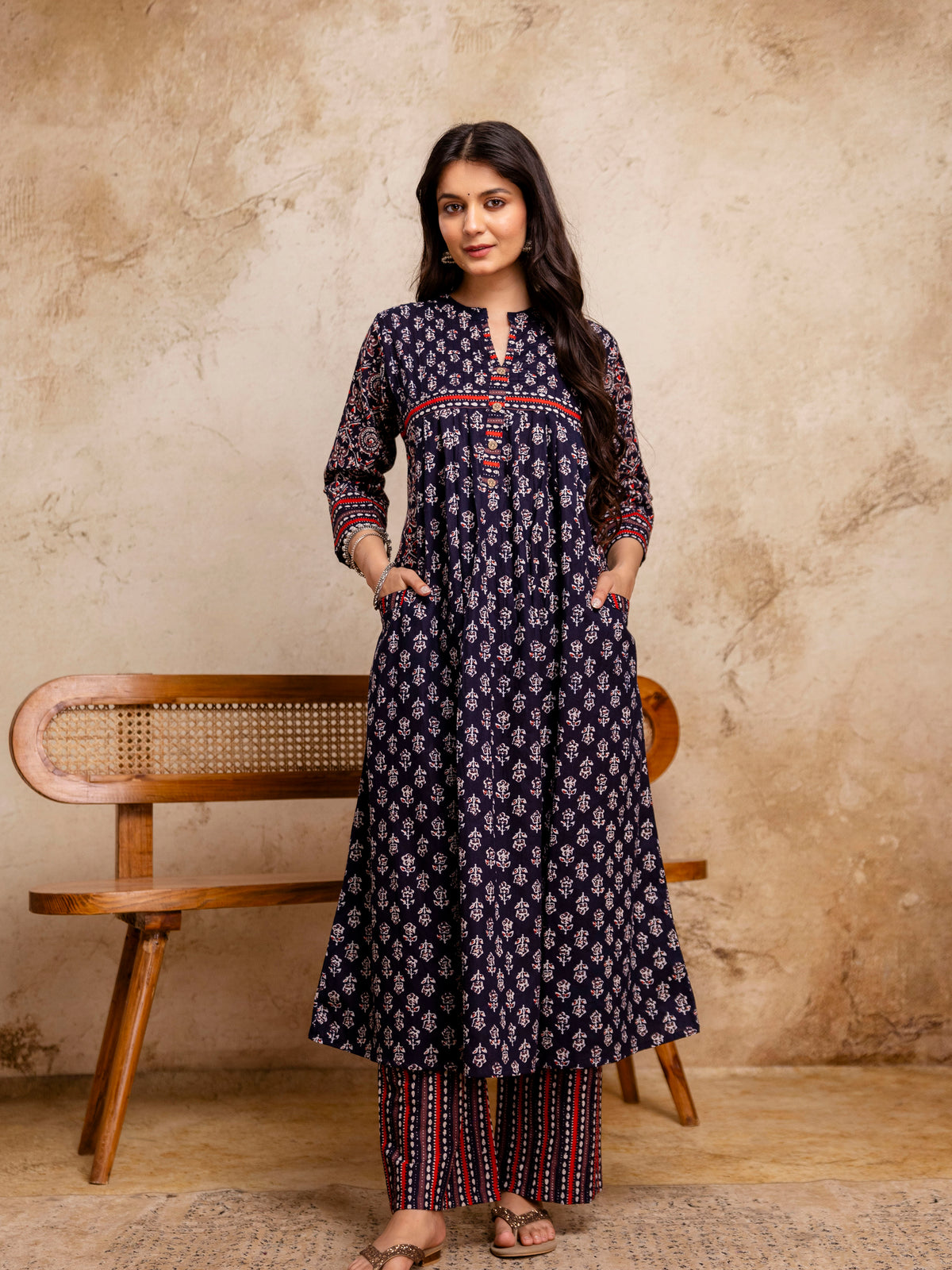 Women Blue Floral Printed Cotton Anarkali Suit with Mulmul Dupatta