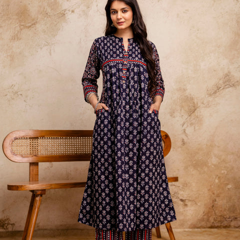 Women Blue Floral Printed Cotton Anarkali Suit with Mulmul Dupatta