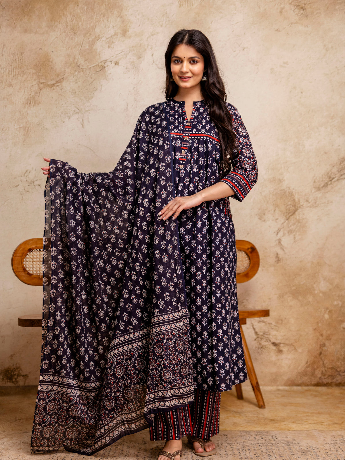 Women Blue Floral Printed Cotton Anarkali Suit with Mulmul Dupatta