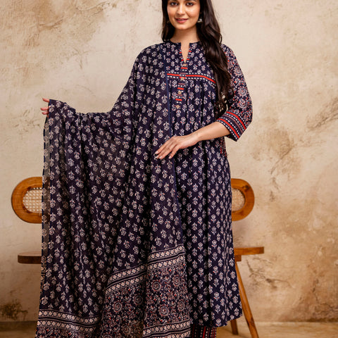 Women Blue Floral Printed Cotton Anarkali Suit with Mulmul Dupatta