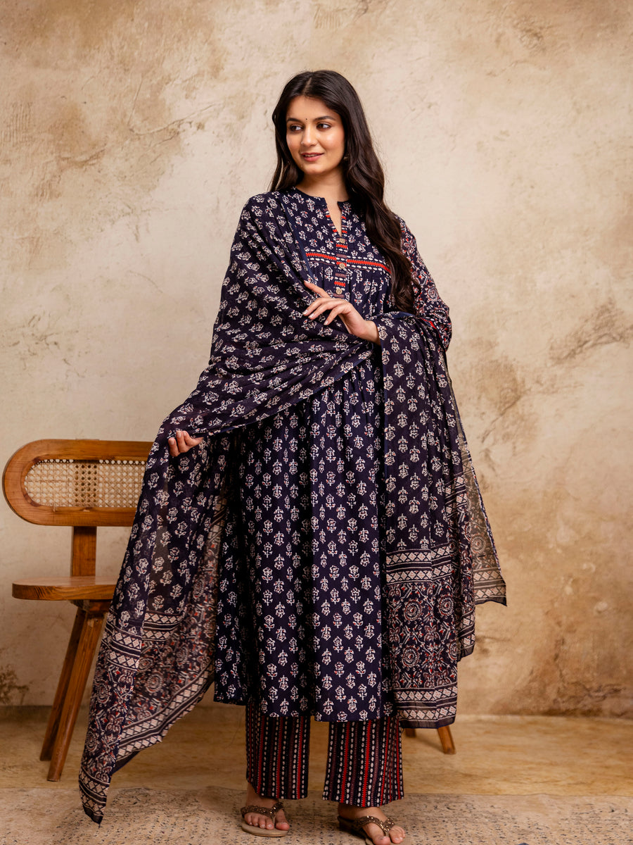 Women Blue Floral Printed Cotton Anarkali Suit with Mulmul Dupatta