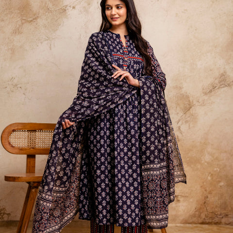 Women Blue Floral Printed Cotton Anarkali Suit with Mulmul Dupatta
