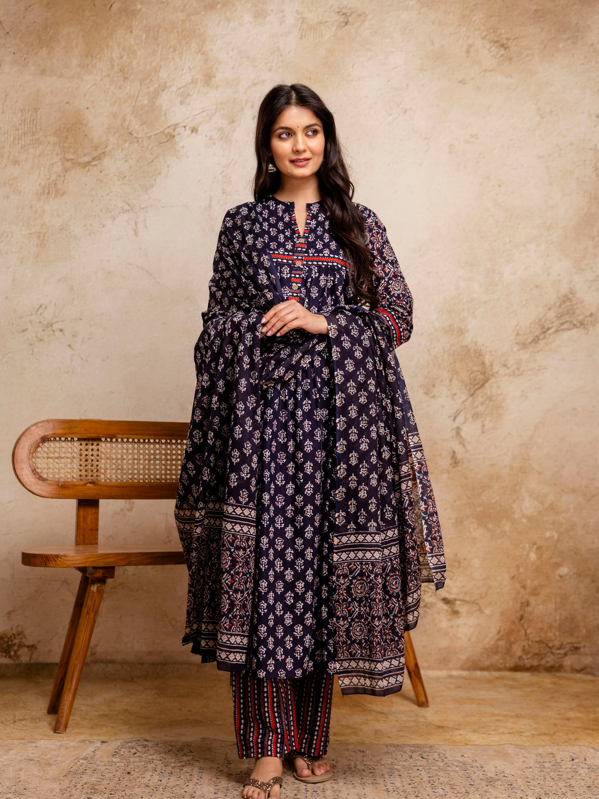 Women Blue Floral Printed Cotton Anarkali Suit with Mulmul Dupatta