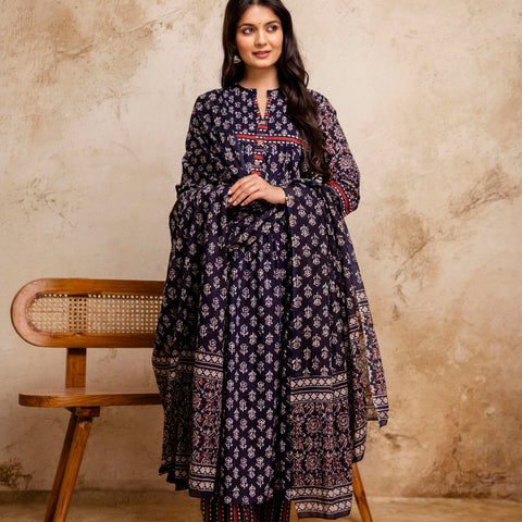 Women Blue Floral Printed Cotton Anarkali Suit with Mulmul Dupatta