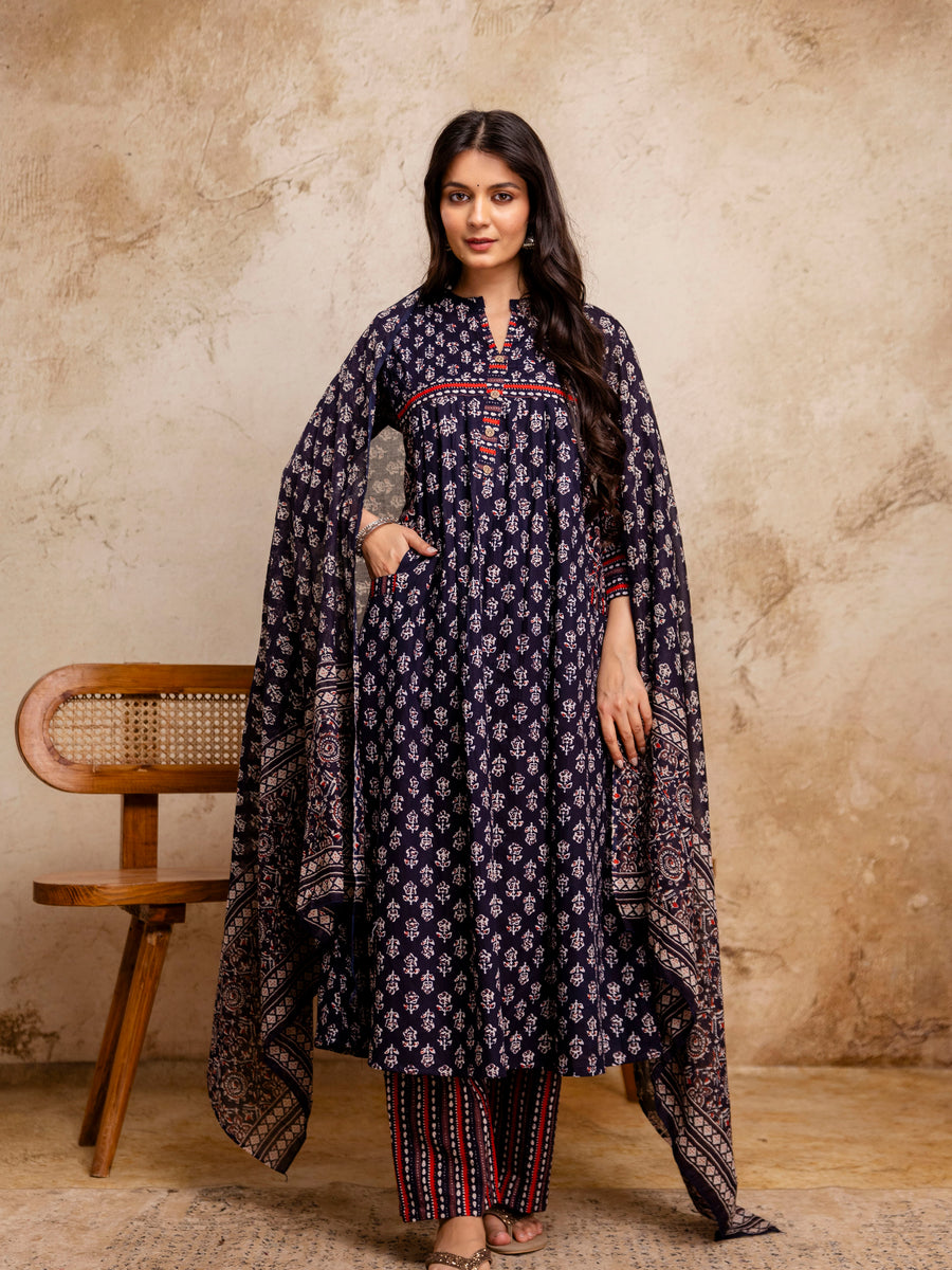 Women Blue Floral Printed Cotton Anarkali Suit with Mulmul Dupatta