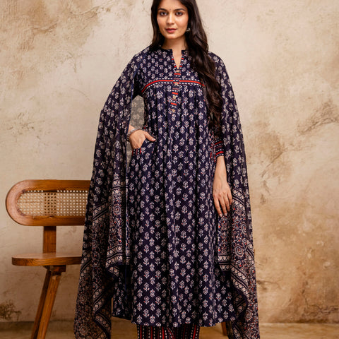 Women Blue Floral Printed Cotton Anarkali Suit with Mulmul Dupatta