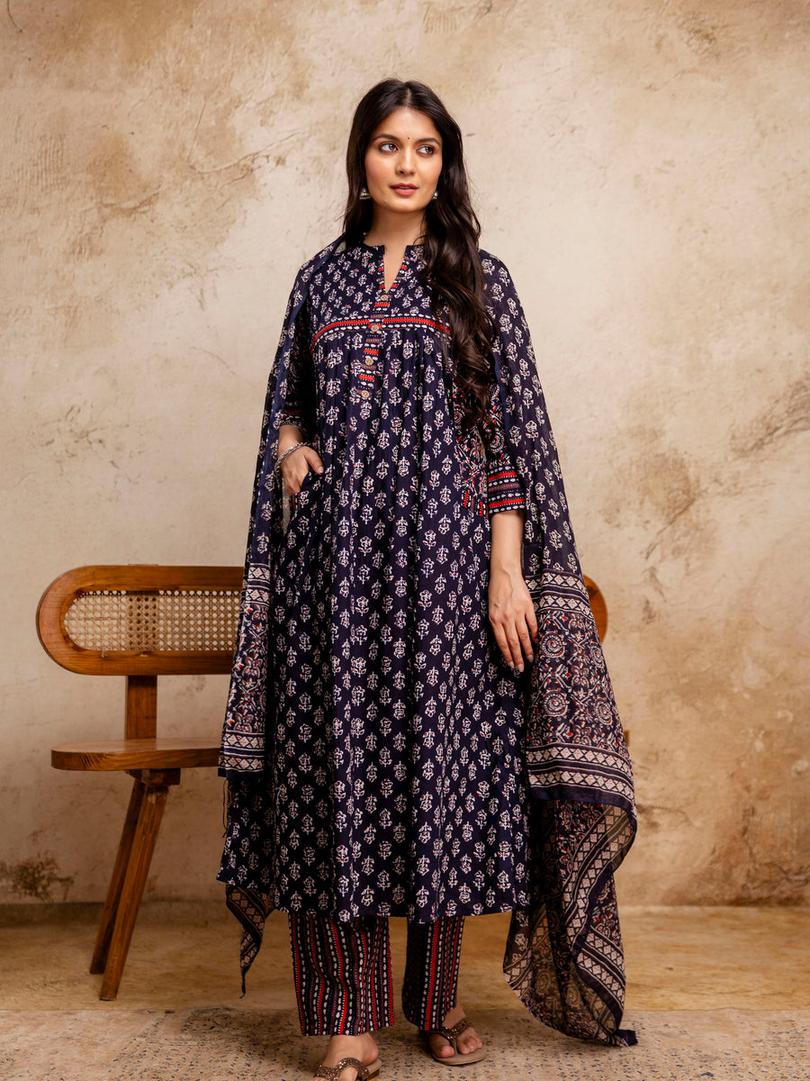 Women Blue Floral Printed Cotton Anarkali Suit with Mulmul Dupatta
