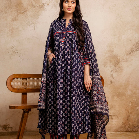 Women Blue Floral Printed Cotton Anarkali Suit with Mulmul Dupatta