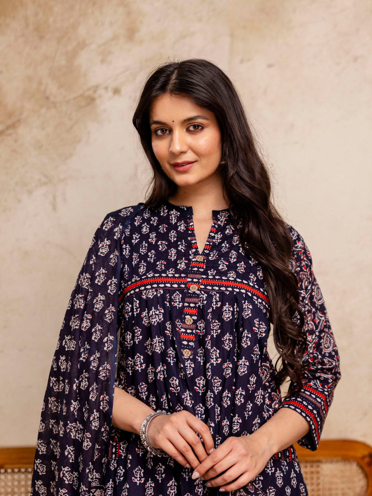 Women Blue Floral Printed Cotton Anarkali Suit with Mulmul Dupatta