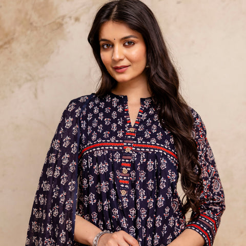 Women Blue Floral Printed Cotton Anarkali Suit with Mulmul Dupatta