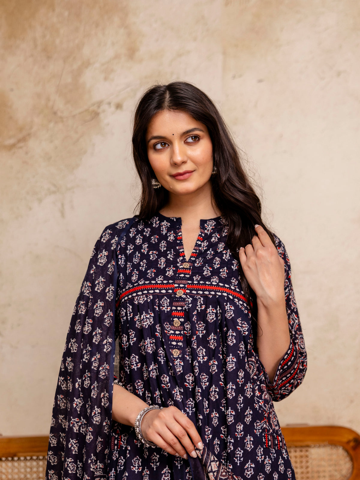 Women Blue Floral Printed Cotton Anarkali Suit with Mulmul Dupatta