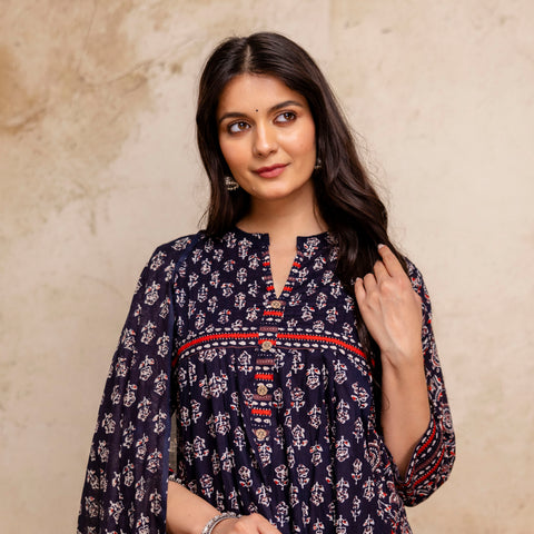 Women Blue Floral Printed Cotton Anarkali Suit with Mulmul Dupatta