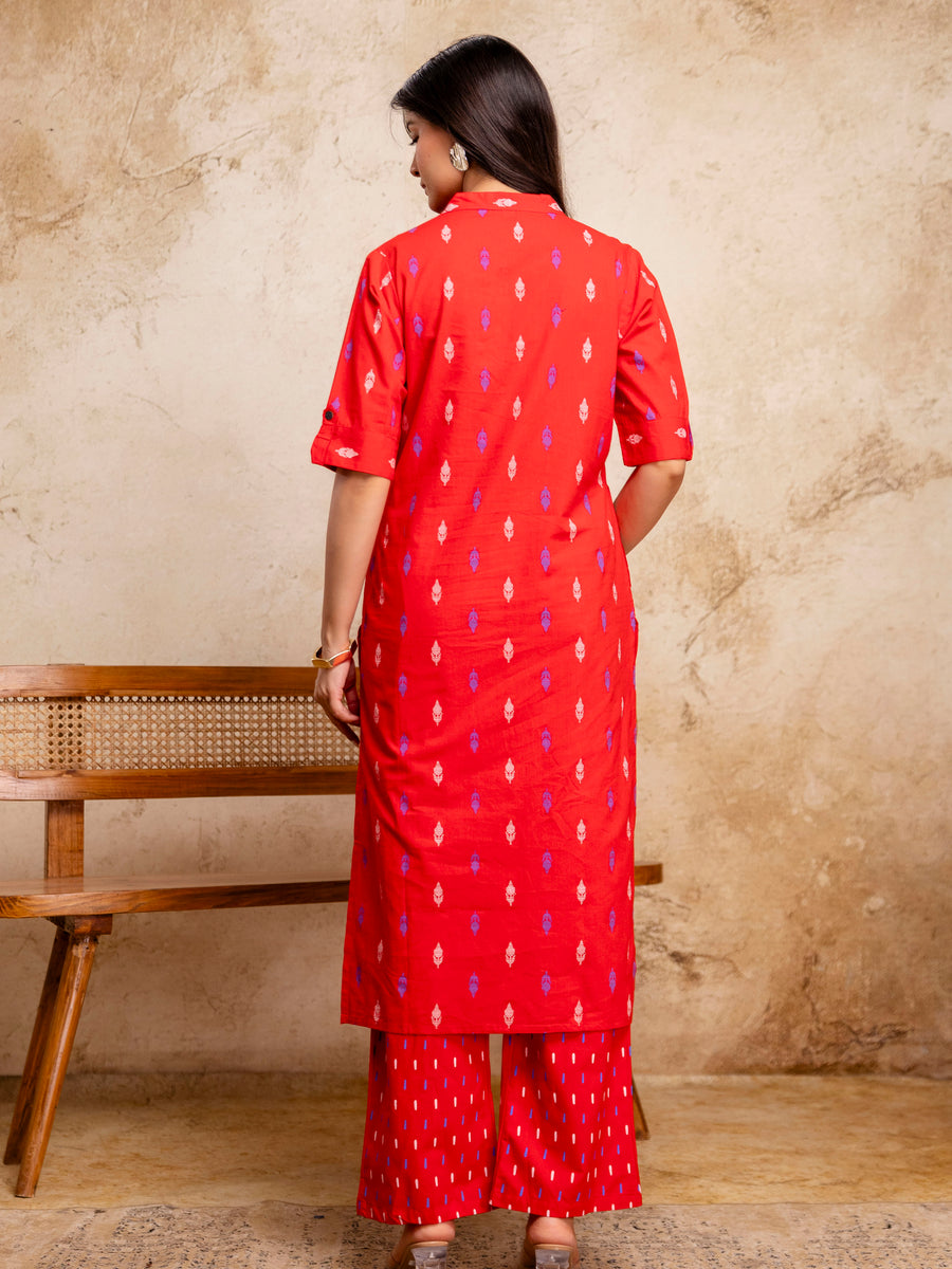 Women Red Ikat Print Cotton Mandarin Collar Kurta Pant Set