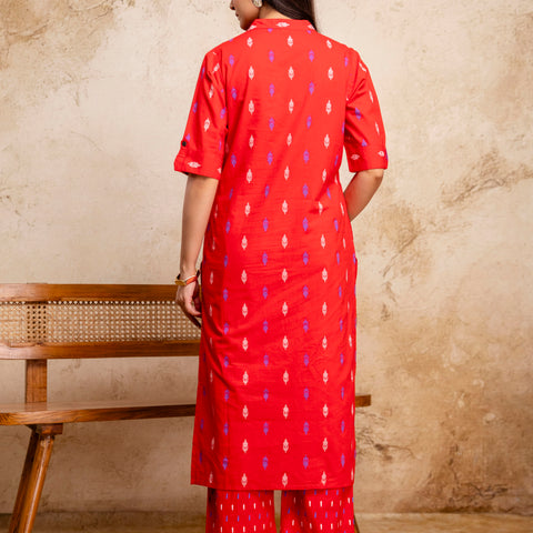 Women Red Ikat Print Cotton Mandarin Collar Kurta Pant Set