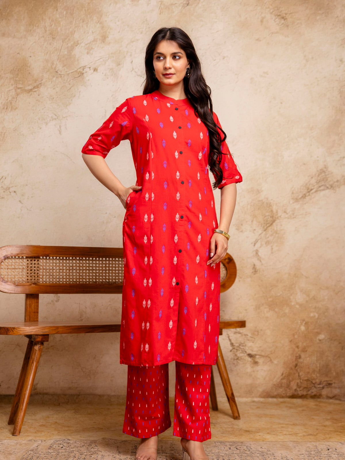 Women Red Ikat Print Cotton Mandarin Collar Kurta Pant Set