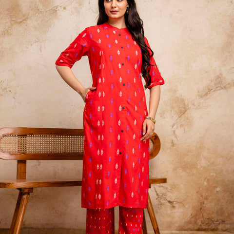 Women Red Ikat Print Cotton Mandarin Collar Kurta Pant Set