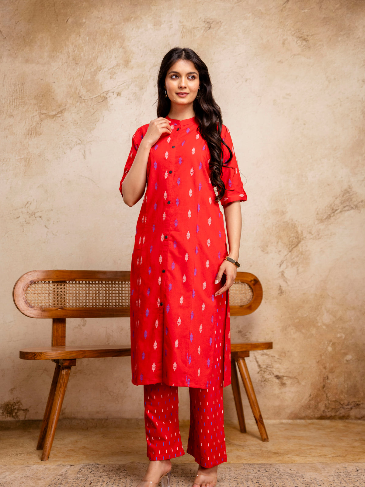 Women Red Ikat Print Cotton Mandarin Collar Kurta Pant Set