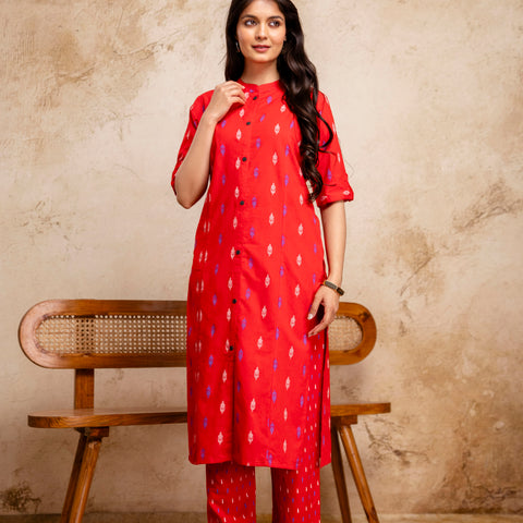 Women Red Ikat Print Cotton Mandarin Collar Kurta Pant Set
