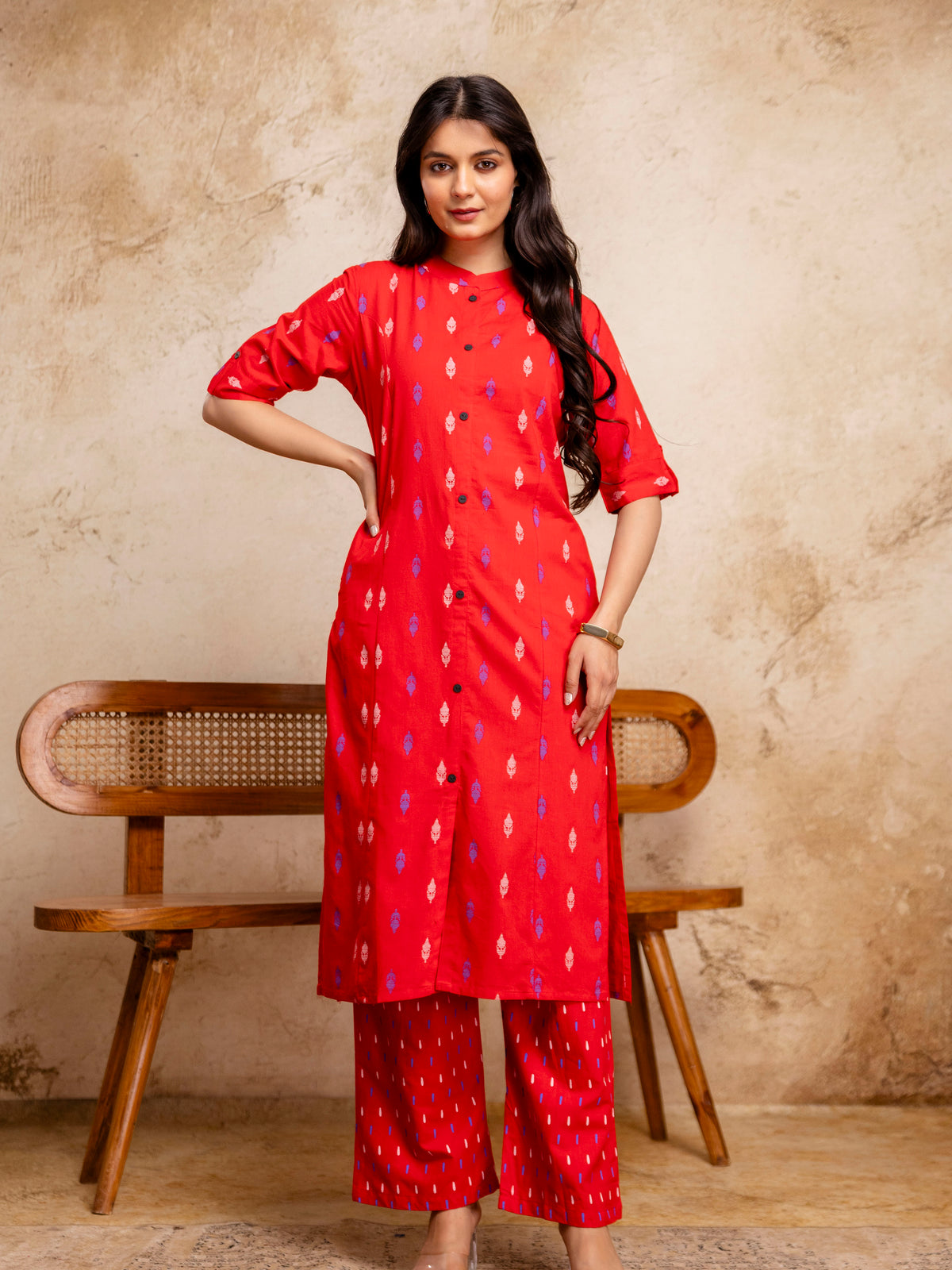Women Red Ikat Print Cotton Mandarin Collar Kurta Pant Set