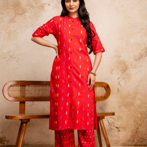 Women Red Ikat Print Cotton Mandarin Collar Kurta Pant Set