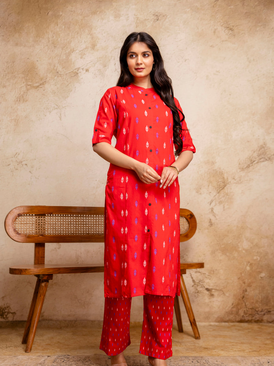 Women Red Ikat Print Cotton Mandarin Collar Kurta Pant Set