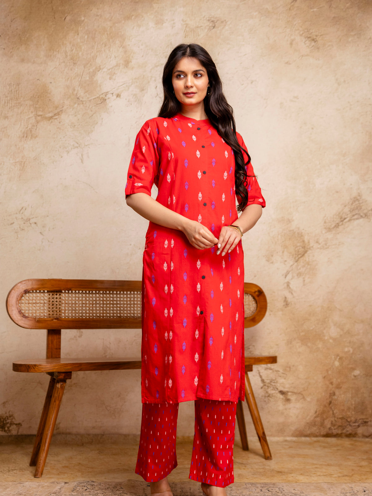 Women Red Ikat Print Cotton Mandarin Collar Kurta Pant Set