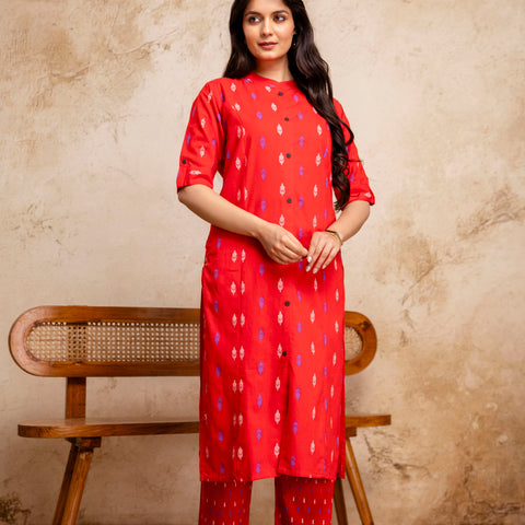 Women Red Ikat Print Cotton Mandarin Collar Kurta Pant Set