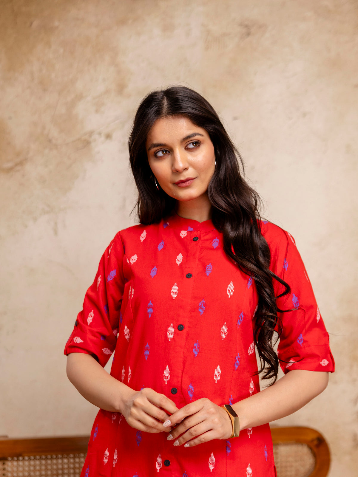 Women Red Ikat Print Cotton Mandarin Collar Kurta Pant Set