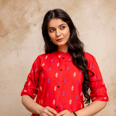 Women Red Ikat Print Cotton Mandarin Collar Kurta Pant Set