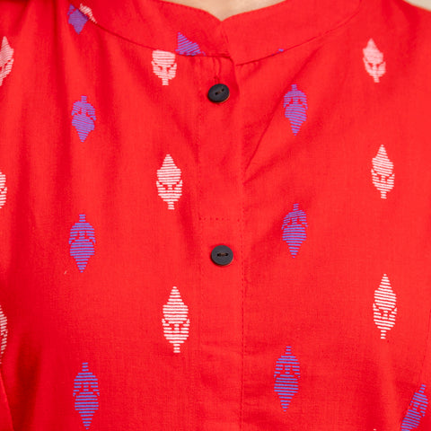 Women Red Ikat Print Cotton Mandarin Collar Kurta Pant Set