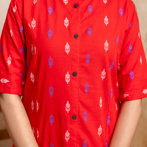 Women Red Ikat Print Cotton Mandarin Collar Kurta Pant Set