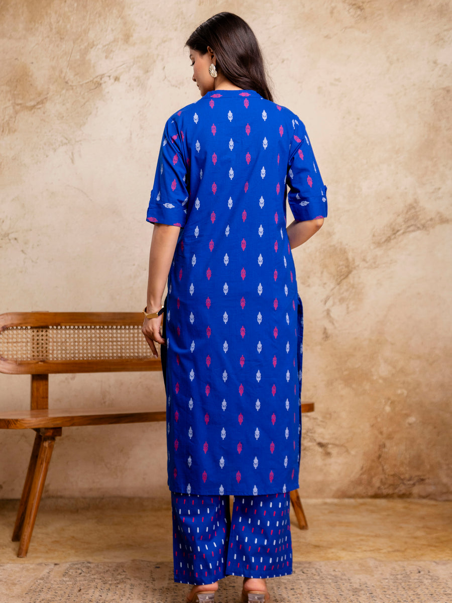 Women Blue Ikat Printed Pure Cotton Straight Kurta Pant Set