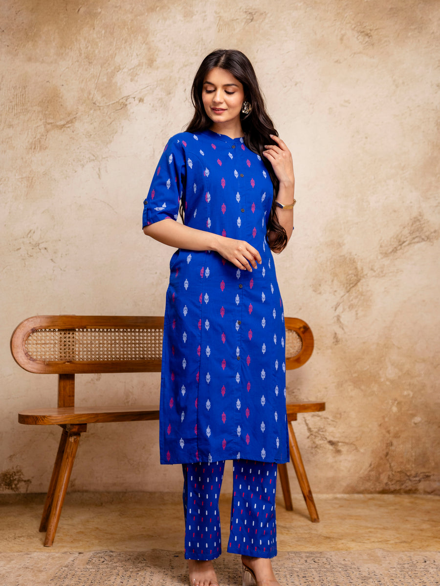 Women Blue Ikat Printed Pure Cotton Straight Kurta Pant Set