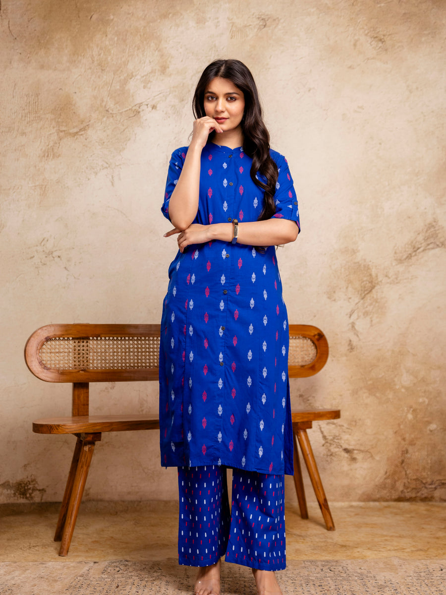 Women Blue Ikat Printed Pure Cotton Straight Kurta Pant Set