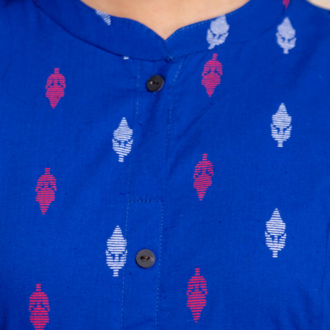 Women Blue Ikat Printed Pure Cotton Straight Kurta Pant Set