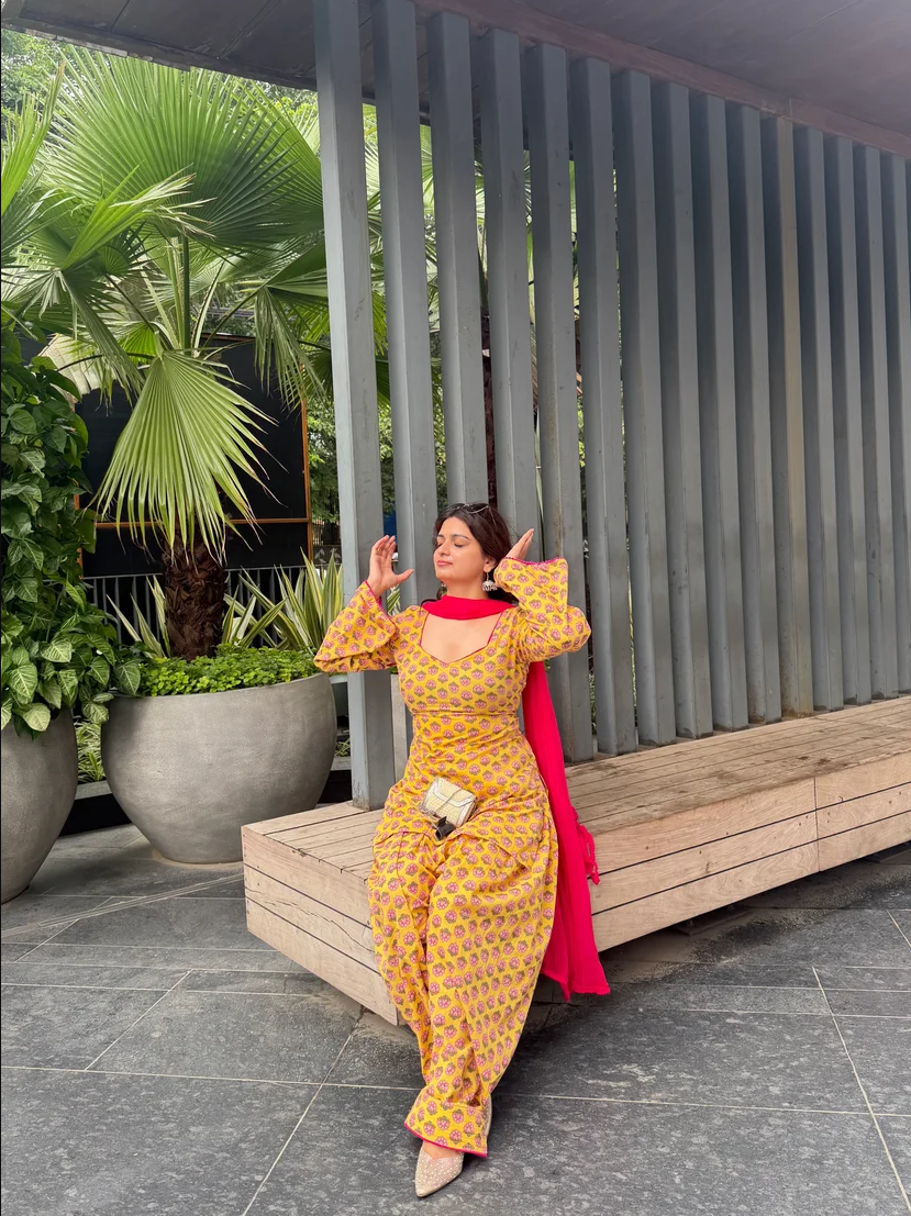 Women Mustard Yellow Floral Square Neck Farshi Salwar Set with Dupatta