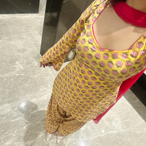 Women Mustard Yellow Floral Square Neck Farshi Salwar Set with Dupatta