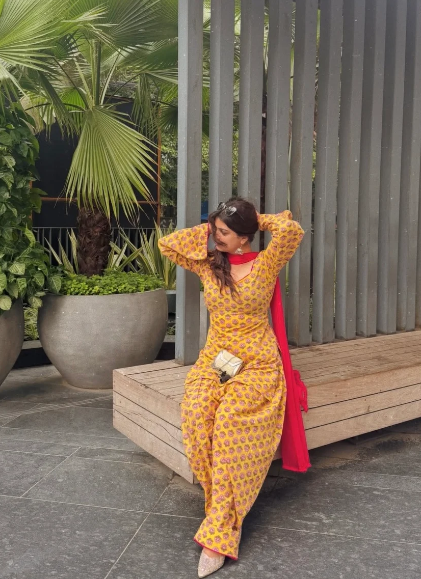 Women Mustard Yellow Floral Square Neck Farshi Salwar Set with Dupatta