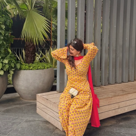 Women Mustard Yellow Floral Square Neck Farshi Salwar Set with Dupatta